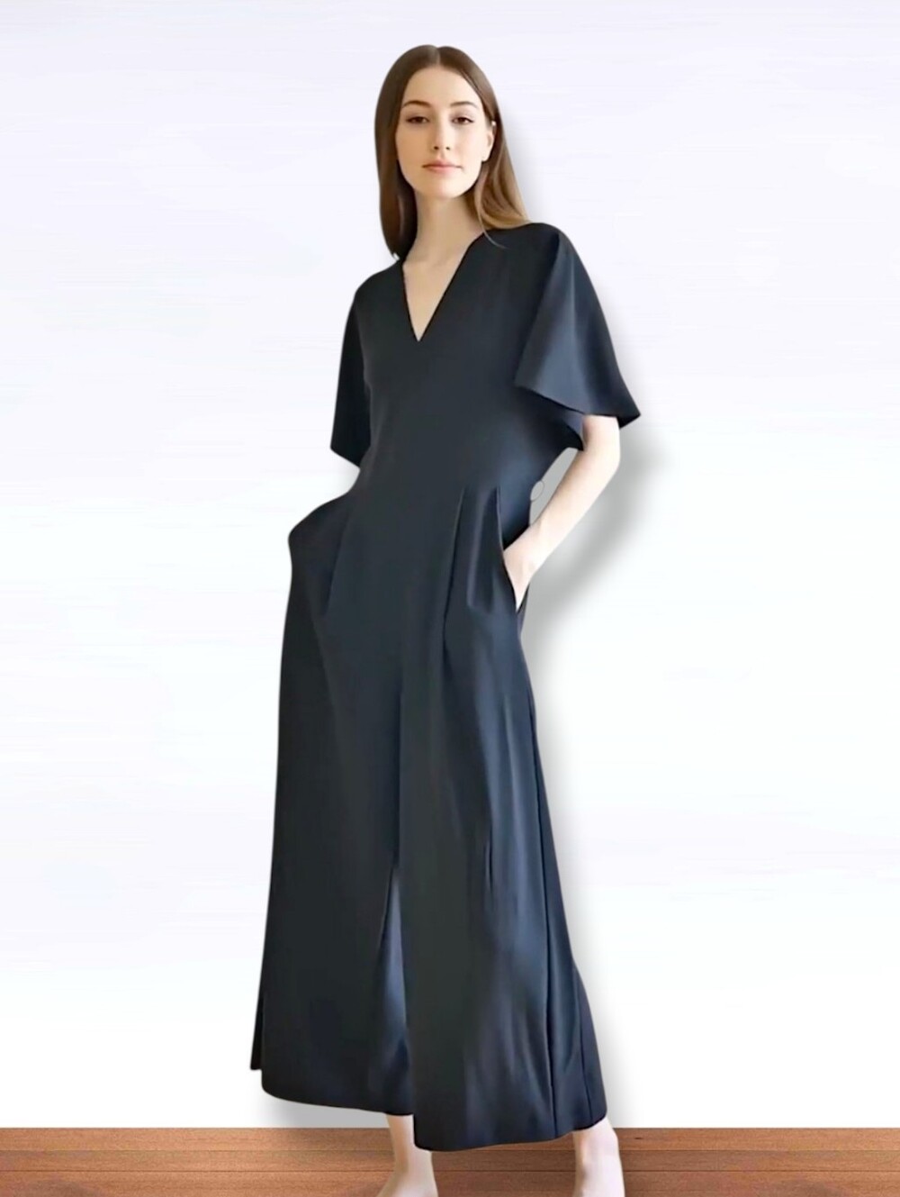 OAK + FORT Black Cropped Wide Leg V-Neck Dolman Sleeve Jumpsuit